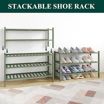 Smiry Bamboo Shoe Rack for Closet, 4 Tier Wooden Stackable Shoe Organizer, Free Standing Shoes Storage Shelf for Entryway, Front Door Entrance, Green