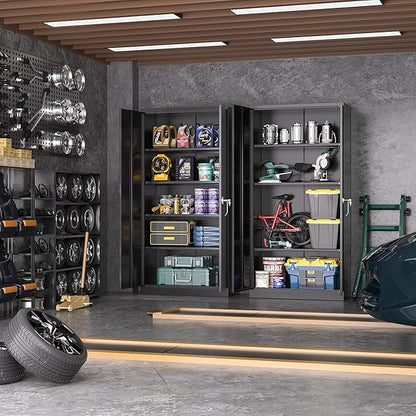 Bonusall Metal Tool Garage Cabinets with 2 Door and 4 Shelves, Locking Cabinet for Garage Storage,Tall Garage Storage Cabinets for Home Office, Warehouse,School(Black)