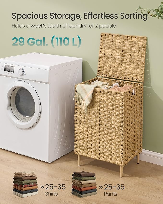 SONGMICS 2-Section Laundry Hamper with Lid, 29 Gal (110L) PE Rattan Laundry Basket with Removable Washable Liners, for Bedroom & Living Room, Goose Yellow ULCB222YE01