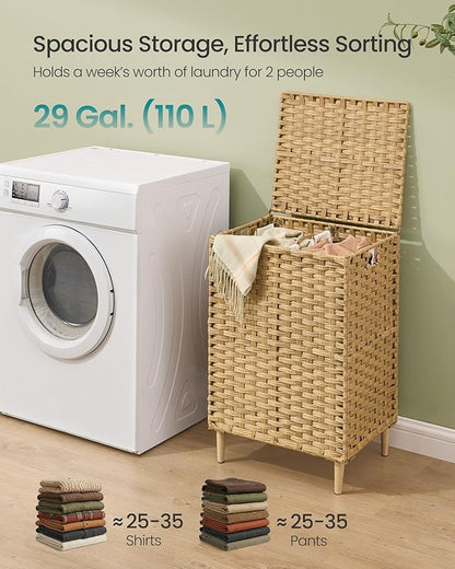 SONGMICS 2-Section Laundry Hamper with Lid, 29 Gal (110L) PE Rattan Laundry Basket with Removable Washable Liners, for Bedroom & Living Room, Goose Yellow ULCB222YE01