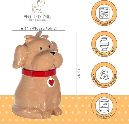 SPOTTED DOG GIFT COMPANY Ceramic Cookie Jar with Lid, Large Dog Treat Jar for Cookies & Biscuits, Cute Novelty Storage Container for Kitchen Counter, Gifts for Dog Lovers - 49oz Brown