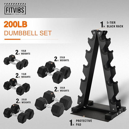 Fitvids Rubber Coated Hex Dumbbell Set with Storage Rack, 100/150/200/550 LB Hand Weight Set with Anti-Slip Grip for Home Gym
