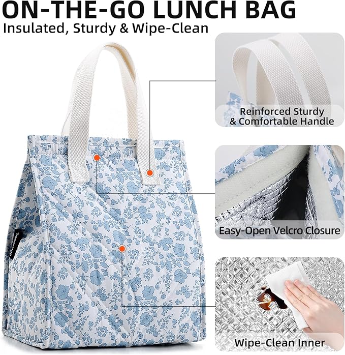TELLUMO Lunch bag, Insulated Lunch Bag for Women Men Large Lunch Box Container Reusable Leakproof Tote for Office, Work, School, Beach or Travel (Q- BlueFlower)