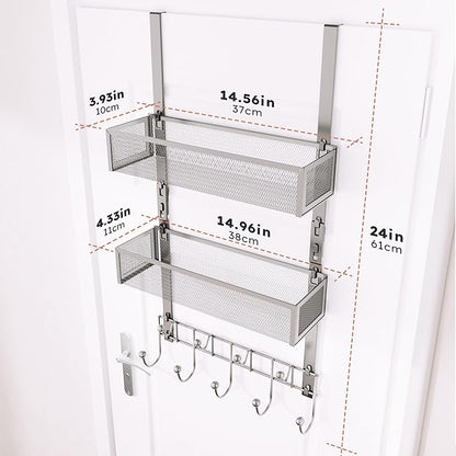 Consumest Over The Door Hooks Organizer - Extra Long Door Hanger with 9 Coat Hooks & 2 Mesh Basket, Back Storage Organizer Hanging Towels for Bathroom, Bedroom, Sand Nickel (for 1.76 in Doors)