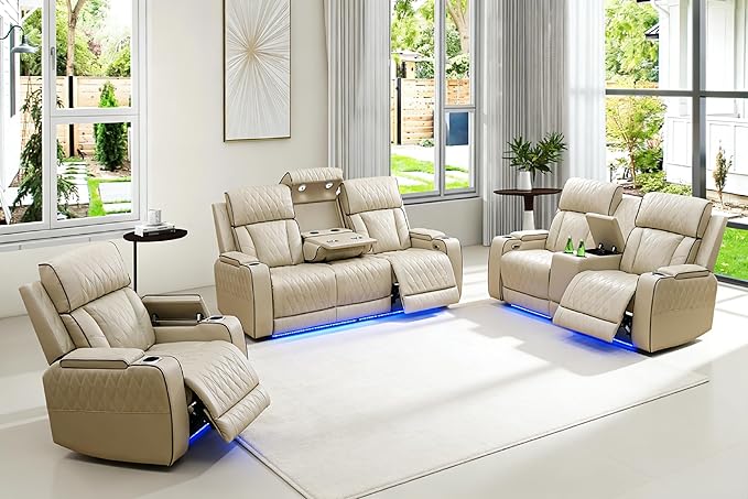 Power Recliner Sofa Set, Leather Reclining Couch Furniture Set for Living Room, Includes 1 Recliner Chair, 1 Loveseat Sofa and One 3-Seater Reclining Couch, 3PCS Power Recling Couch Sets