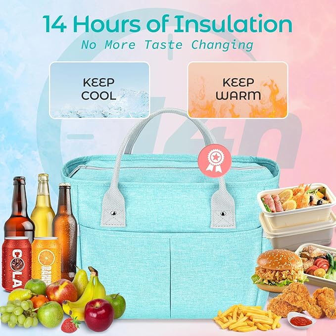 KIPBELIF Cute&Classy Roomy Insulated Lunch Bags for Women - Stylish & Functional Large Tote Adult Lunch Box for Working & Picnic(Extra Large,Aqua Green)