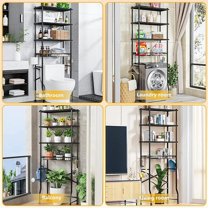 Over-The-Toilet Storage Rack, 4-Tier Bathroom Organizer Shelf Over Toilet with Adjustable Shelf and Basket, Freestanding Space Saver Bathroom Shelves Above Toilet for Room (Black)