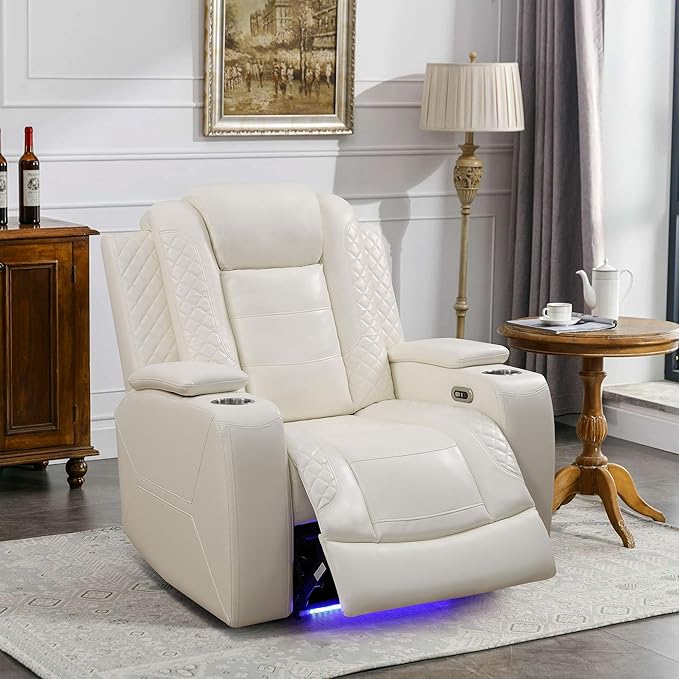 Creamy White Leather Power Recliner Chair, Power Living Room Furniture Sets with LED, Reclining Chair with Center Console, Storage,Cup Holders,Recliner Couch for Living Room, Meeting Room