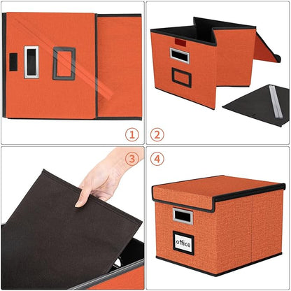 Huolewa File Organizer Box with Lid, Collapsible File Folder Organizer for Office Document Storage, Filing Box with Plastic Slide for Letter Size Hanging File Folders(1 Pack, Reddish Organge)