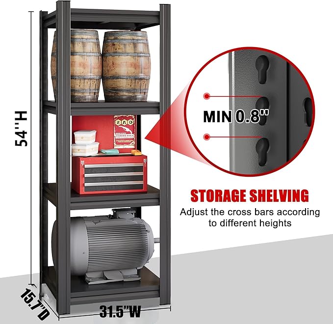 Metal Garage Shelving Unit, Heavy Duty Adjustable Storage Rack, Steel Shelving, Industrial Shelves for Heavy Tools and Equipment, Ideal for Garage, Basement (4-Tier 54" Hx31.5 Wx15.7 D)
