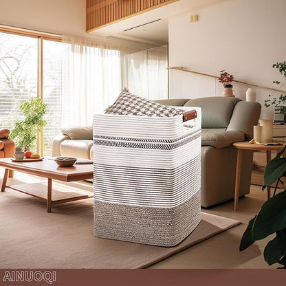Laundry Hamper - Tall Woven Rope Laundry Basket - Clothes hamper with Leather Handles, 17" X 13.8" X 22", Blanket Storage Basket for Living Room, Rice Brown & White