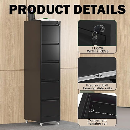 5 Drawers Filing Cabient with Wheel, File Cabinet with Lock, Steel Vertical Filing Storage Cabinet for Office, Heavy-Duty File Cabinets for Letters/Legal/A4 (Require Assembly, Black)