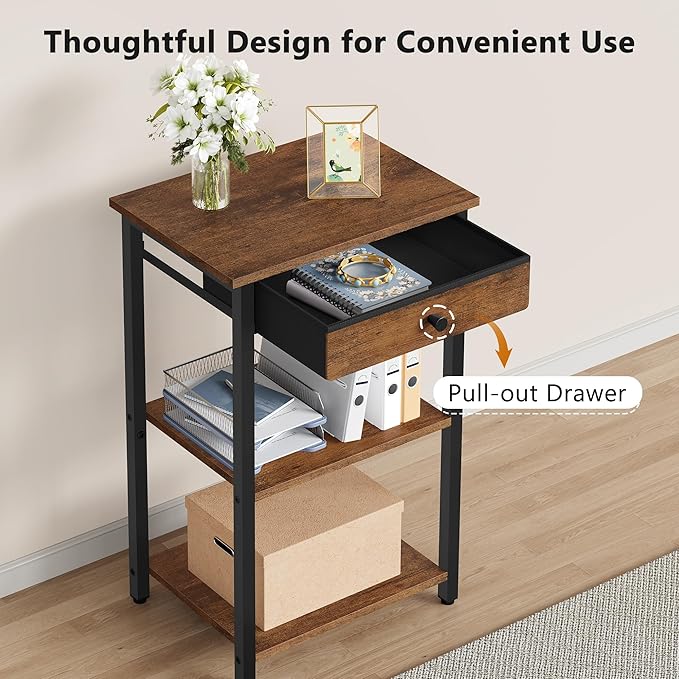 Printer Stand with Storage Drawer, 3-Tier Under Desk Printer Table, End Table for Home Office, Living Room, Bedroom, Brown