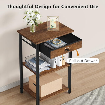 Printer Stand with Storage Drawer, 3-Tier Under Desk Printer Table, End Table for Home Office, Living Room, Bedroom, Brown