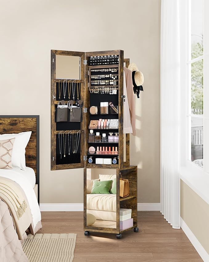 8 LEDs Jewelry Cabinet Armoire, 66.9-inch Jewelry Organizer with Garment Rack, Lockable Full-length Mirror with 4 Wheels, Storage Shelves with Hooks, 5-in-1, Toasted Oak JC17007B