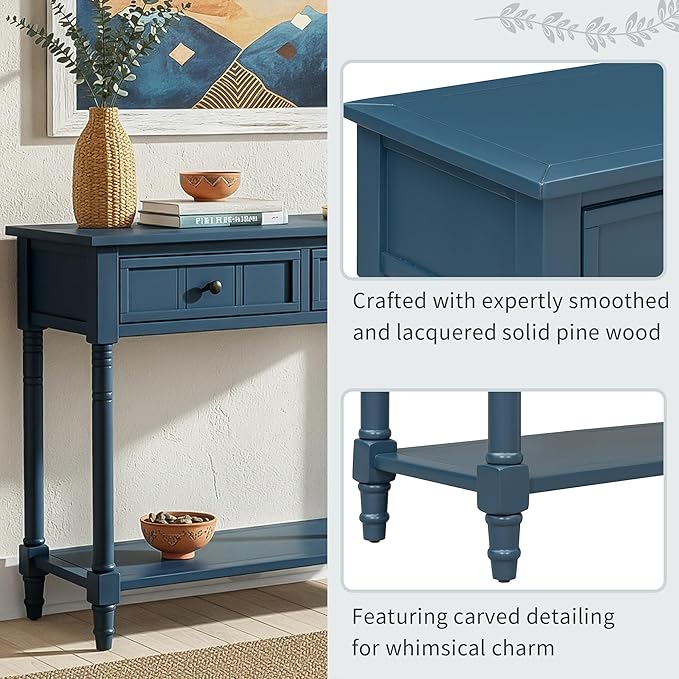 35.34" Console Table Traditional Design with Two Drawers and Bottom Shelf,Dark Navy