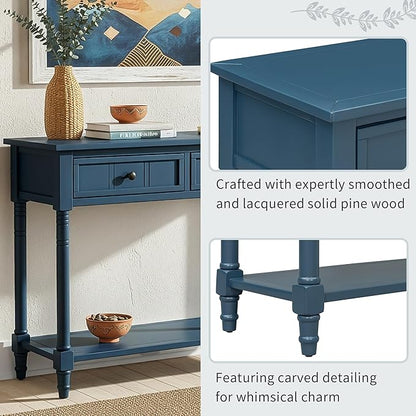 35.34" Console Table Traditional Design with Two Drawers and Bottom Shelf,Dark Navy