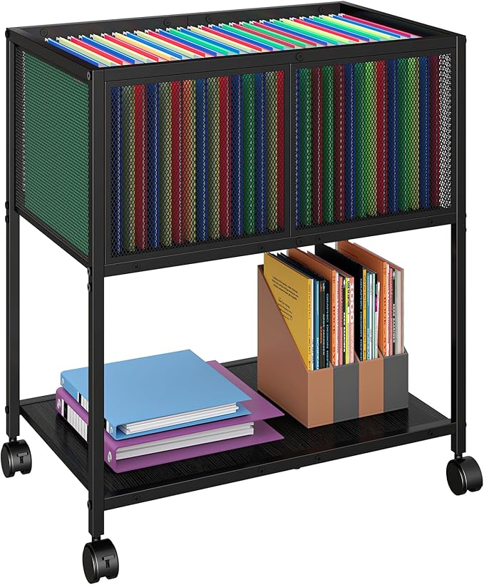 Rolling File Cart, Mobile File Cabinet with Wheels Hanging Files, Metal Hanging File Folder Cart File Organizer Fit Letter Size for Home Office, Black