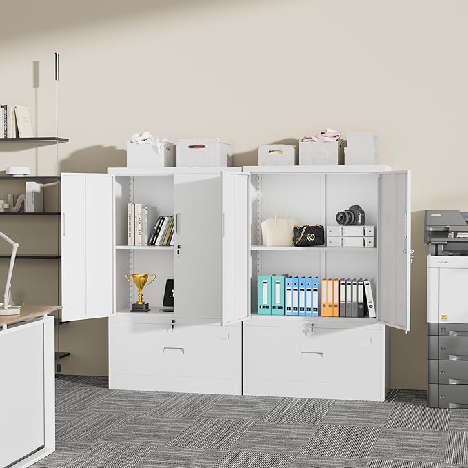 INTERGREAT Metal Storage Cabinet with Drawer, 51” White File Cabinet with Doors and Shelves, Steel Lateral File Cabinet for Home Office Hanging Files Letter/Legal/F4/A4 Size