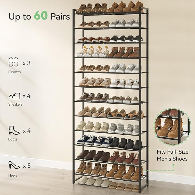 Shoe Rack for Closet, Metal Shoe Organizer,12 Tier Garage Shoe Rack Max Holds 60 Pairs,Shoe Storage Shelf,Entryway, Black