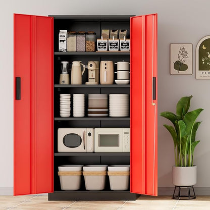 INTERGREAT Metal Storage Cabinet with Lock, 63" H Metal Cabinets Storage with 2 Doors and 4 Adjustable Shelves, Locking Garage Cabinet for Home Office, Kitchen, Bathroom (Black Red)