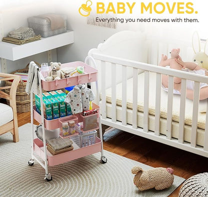 Sekey 3 Tier Rolling Cart, Hanging Cups, Hooks, Heavy Duty Mesh Rolling Storage Cart Organizer with 2 Lockable Wheels for Bathroom, Kitchen, Office, Craft, Makeup, Baby Essentials, Pink