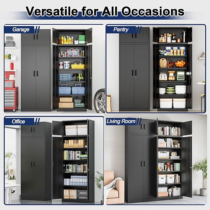 BESFUR Metal Storage Cabinet 87" H，Black Locking Storage Cabinets with Top Cabinet and 4 Adjustable Shelves for Home Office, Garage,School, Apartment, Warehouse, Utility Room