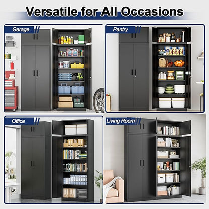 BESFUR Metal Storage Cabinet 87" H，Black Locking Storage Cabinets with Top Cabinet and 4 Adjustable Shelves for Home Office, Garage,School, Apartment, Warehouse, Utility Room