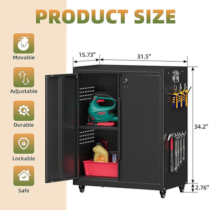 Garage Storage Cabinet with Wheels, Metal Storage Cabinets for Hanging Tools, Rolling Tool Cabinet, 34''H Heavy Duty & Rust Resistant Storage Cabinet for Garage, Warehouse, Office