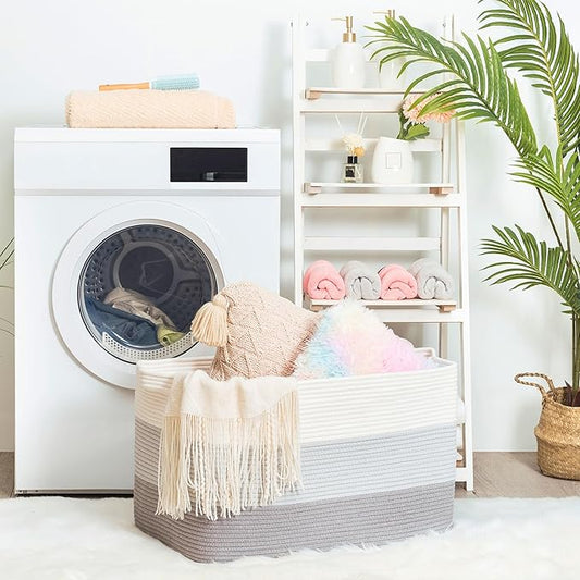 MINTWOOD Design 22in Extra Large Blanket Basket Holder Living Room, Rectangle Rope Woven Storage Basket with Handles for Laundry, Pool Towels, and Shoes, Dog Toy Organizer Bin Box, 3-Tone Light Gray