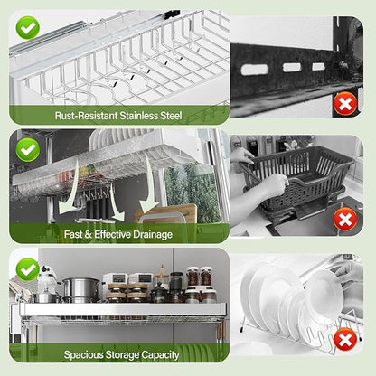 Over The Sink Dish Drainer Drying Rack 3 Tier, Full Stainless Steel Dish Drying Rack Adjustable Length 20.9''-37.4'', Kitchen Sink Shelf, Organized Space-Saving Dish Rack