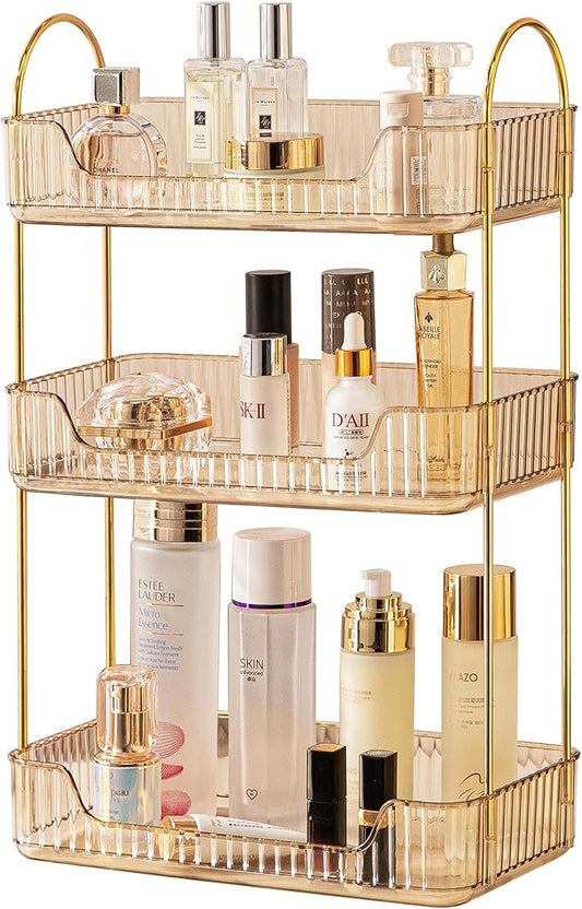 3 Tier Bathroom Organizer Countertop Makeup Perfume Tray Skincare Organizer for Bathroom Dresser Vanity (Gold)