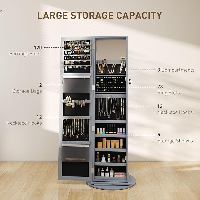 HOMCOM 360° Swivel Jewelry Cabinet, Lockable Jewelry Armoire Organizer with Full-Length Mirror, Back Storage Shelves, Interior Small Mirror, for Bedroom Living Room, Gray