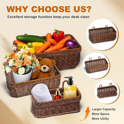 2 PCS Hanging Wall Basket,Wicker Fruit Racks,Open Storage Bins,Hand-Woven Shelf Basket,For Garlic, Ginger, Eggs, Onions,And Fruits, Kitchen And Living Room Storage Boxes(Brown-(M+L))