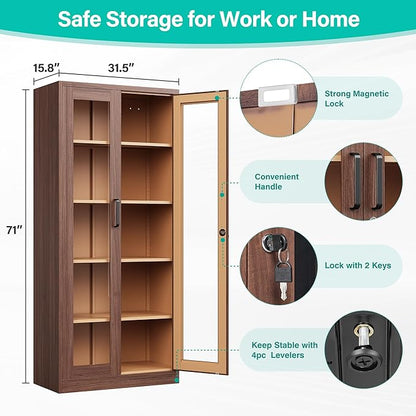 Metal Storage Cabinet with Lock and Glass Doors,Glass Display Cabinet,Tall Storage Cabinets,Locking Curio Cabinets with 5 Shelves for Collectibles,Home,Office,Living Room