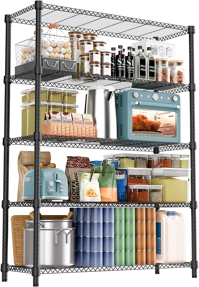 1750LBS 47.2" W 5 Tiers Shelf Steel Storage Shelves Shelving Unit Steel Organizer Wire Rack for Home,Kitchen,Office,Garage Black 17.7" D x 47.2" W x 72.4" H