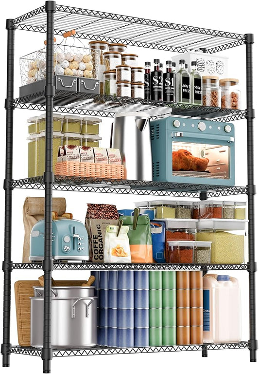 1750LBS 47.2" W 5 Tiers Shelf Steel Storage Shelves Shelving Unit Steel Organizer Wire Rack for Home,Kitchen,Office,Garage Black 17.7" D x 47.2" W x 72.4" H
