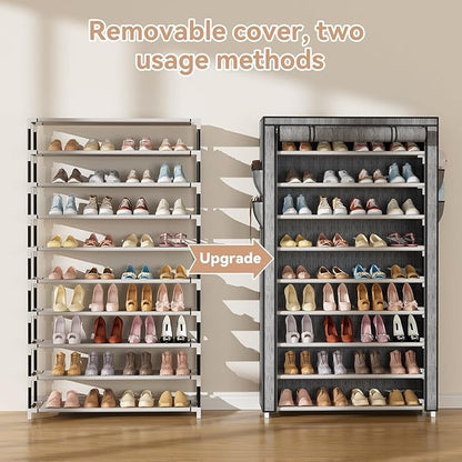 Shoe Rack with Covers 10 Tier Tall Shoe Rack Organizer Large Capacity Shoe Shelf Storage 40 Pairs Space Saving Free Standing Shoe Storage Organizer for Closet, Entryway, Dorm, Printing