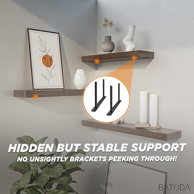 BATODA 24" Heavy Duty Floating Shelf Bracket (2 pcs) – Solid Steel Blind Shelf Supports - Hidden Brackets for Floating Wood Shelves - Blind Shelf Support - Shelving Mounting Hardware Included(Pack 2)