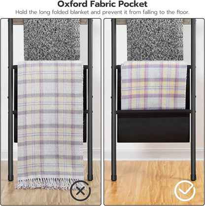 HOOBRO Blanket Ladder, 5 Tier Towel Rack, 17.3" L x 63" H, Wall-Leaning Blanket Rack for Living Room, Decorative Ladder with 4 Hooks and Magazine Pocket, Greige BG32CJ01