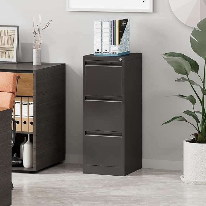 3 Drawer File Cabinet, Metal Filing Cabinets for Home Office, Black Vertical File Cabinet with Lock for Letter/Legal/A4/F4 Size, Assemble Required