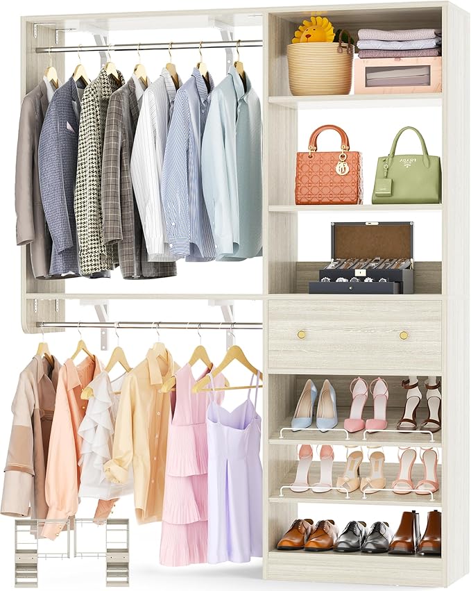 Closet System with Drawer - Reversible 5FT Wood Closet Organizer System with 2 Hanging Rods and Adjustable Shelf, Walk In Closet Organizers with Shoe Rack, Built-In Garment Rack, White Oak