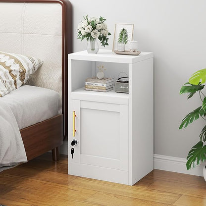 Metal White Nightstand with Lockable, 27.56" Small End Table Storage Cabinet with Door and Adjustable Shelf, Versatile Side Table for Bedroom, Living Room or Office (White)