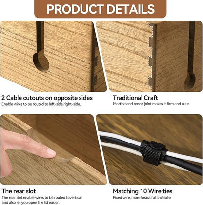KIRIGEN Cable Management Box Wooden Cord Organizer Hide Power Strip Desk Wires Protector for Home Office TV Computer (DXH2T-DBR)
