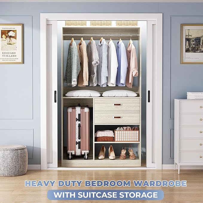 Armocity Freestanding Closet System with Suitcase Storage, 40 Inches Stand-alone Wardrobe with 2 Wood Drawers, 80'' Height Adjustable Cloth Garment Rack, Walk-in Closet with Hanging Rod, White Oak