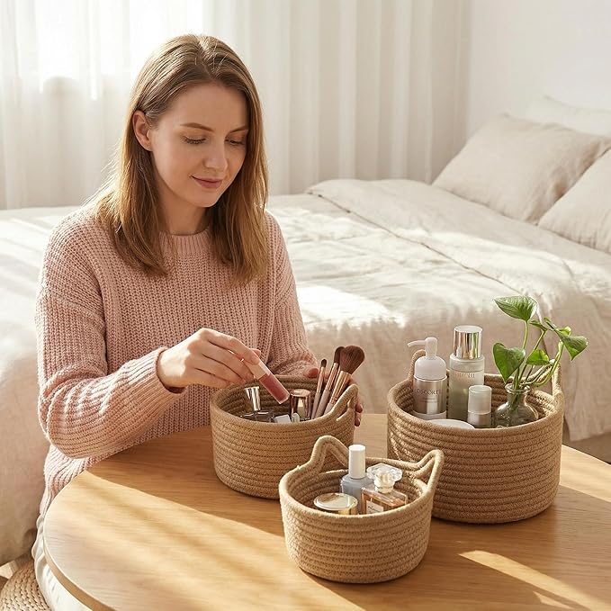 Small Woven Baskets | Mini Storage Bins | Cotton Rope Baby Nursery Organizers | Cute Round Cat Ears Basket for Organizing Desk Decor Kids Toy Dog Cat Baby Girls Gifts-Set of 3(Beige)