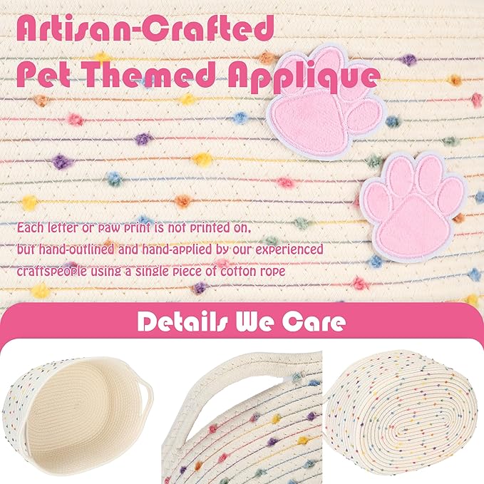 Sea Team Pet Toy Storage Basket with Handles, 16.5 x 11 x 7 Inches, 4.4 Gallons Large Cotton Rope Storage Bin, Shelf Basket, Organizer for Cat, Dog Chew Toys, Foods, Rainbow & Pink Paws