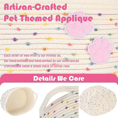 Sea Team Pet Toy Storage Basket with Handles, 16.5 x 11 x 7 Inches, 4.4 Gallons Large Cotton Rope Storage Bin, Shelf Basket, Organizer for Cat, Dog Chew Toys, Foods, Rainbow & Pink Paws