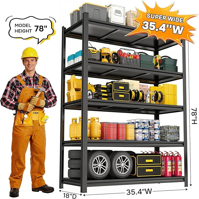 Heavy Duty Metal Garage Shelving, 5 Tier Adjustable Storage Shelves, 2500LBS Capacity Utility Shelf for Warehouse, Pantry, Garage Organizer, 35.4" W X 14" D X 78" H