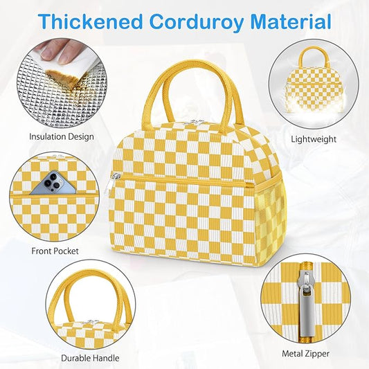 DALINDA Corduroy Lunch Bag Lunch Box for Women Men,Cute Insulated Lunch Bags,Water-Resistant Cute Cooler Lunch Tote Bag, Reusable LunchBox Large Capacity for Work Travel Picnic Beige